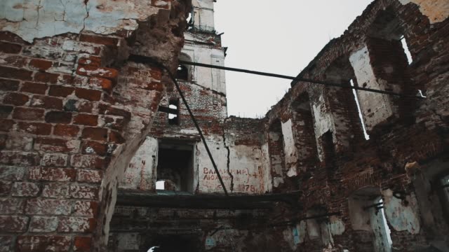 Inside-abandoned-orthodxal-church-red-bricks-walls,-cold-cloudy-day