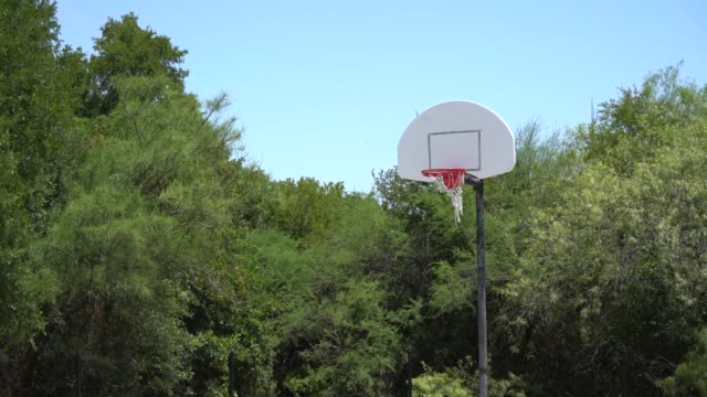 Getting-Close-To-Basketball-Hoop-with-Treeline-in-Background
