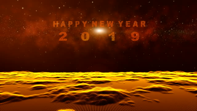 Digitalen-abstrakten-Partikel-Form-Gitterlinien,-fliegen-über-gold-Landschaft-Oberfläche,-Raum-Nebel-Starfield-Hintergrund,-das-Teilchen-führt-in-ein-glückliches-neues-Jahr-2019