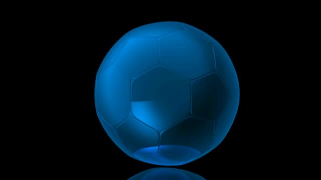 Blau-glänzenden-Fußball-dreht-sich-und-bewegt-sich-auf-einem-schwarzen-Hintergrund---video-3D-Rendering-isoliert