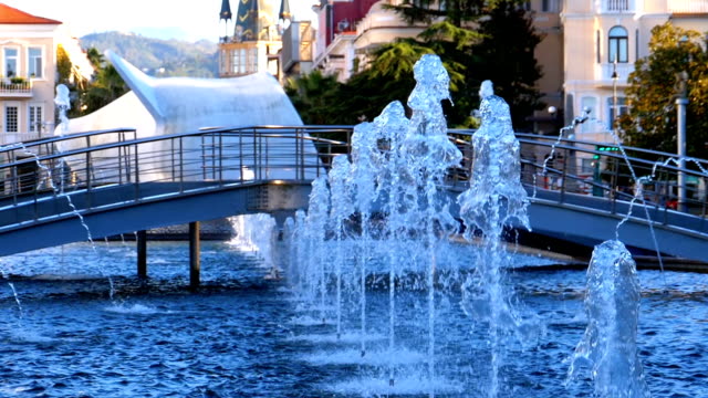 Musical-Fountains-in-the-park-on-the-embankment-of-Batumi,-Georgia.-Slow-Motion