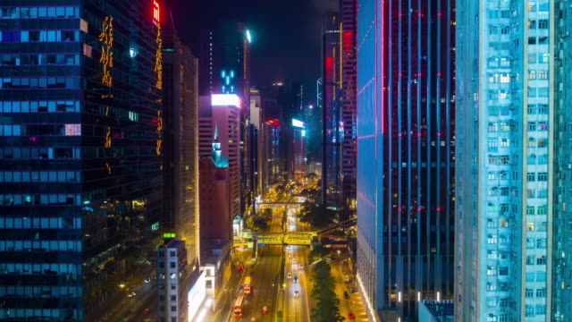 Nacht-Beleuchtung-wan-Chai-Verkehr-Straße-sperren-Luft-Zeitraffer-4k-Hongkong