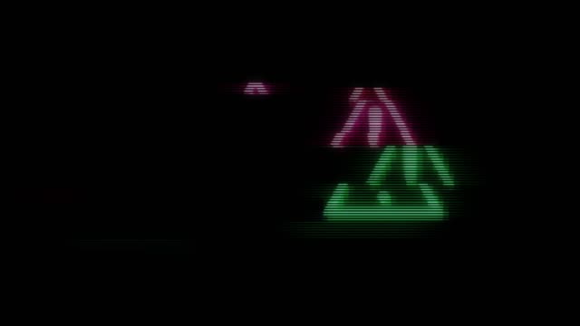 Abstract-animation-of-holographic-colorful-warning-icons-blinking-and-creating-digital-noise-on-the-black-background.-Animation.-Animation-of-symbol-of-danger