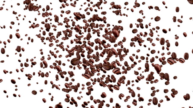Kaffeebohnen-im-Strudel-auf-weißem-Hintergrund-mit-ausblenden,-nahtlose-Schleife-fliegen