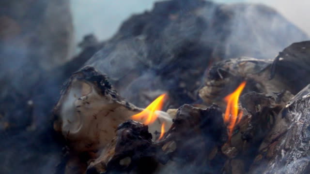 Slow-motion-smoke-of-fire-burning-garbage-on-dark-background.