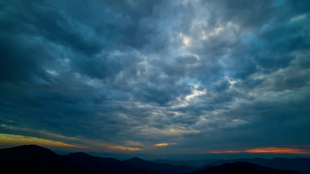 The-beautiful-cloud-stream-with-a-sunset-above-mountains.-time-lapse