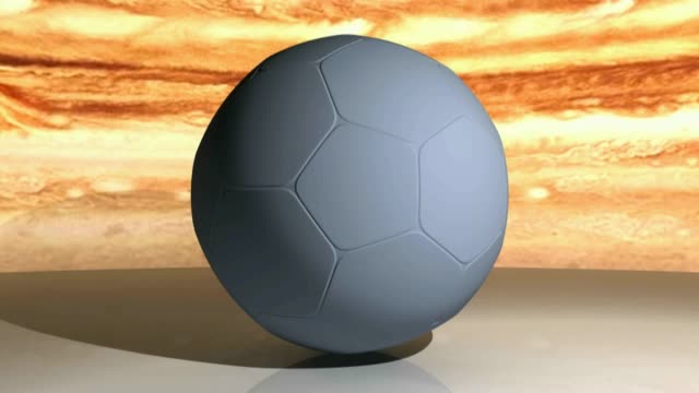 Pelota-de-Futbol-gris-giratorio-contra-un-marrón-color-cielo-nublado,-en-una-superficie-blanca---3D-renderizado-video