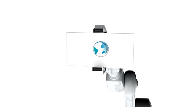 Digitally-generated-video-of-white-robotic-arm-holding-card-with-networking-icon