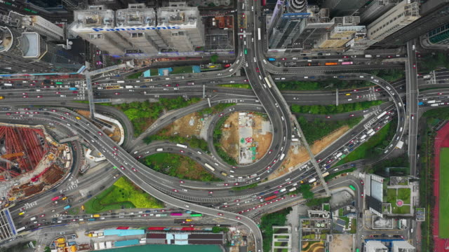 Tag-Zeit-Stadt-Bucht-Stadtverkehrs-Straße-Kreuzung-Victoria-Harbour-Antenne-Topdown-Panorama-4k-Hongkong