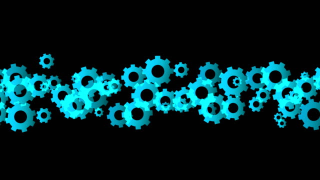 Abstract-transparent-engineering-gear-moving-pattern,-teamwork-system-concept-design-illustration-blue-color-on-black-background-seamless-looping-animation-4K,-with-copy-space