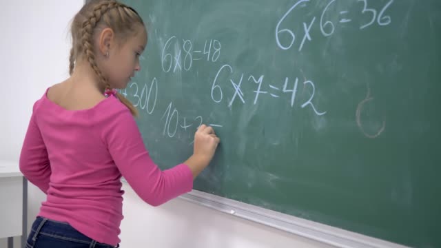 primary-education,-schoolgirl-with-chalk-solves-examples-on-mathematics-on-school-green-blackboard-in-class