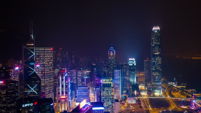 Nacht-beleuchtete-Stadt-Innenstadt-Antenne-Timelapse-Panorama-4k-Hongkong