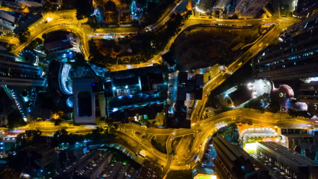 Nacht-Verkehr-Straße-Straße-Kreuzung-Antenne-Draufsicht-Timelapse-4k-Hongkong