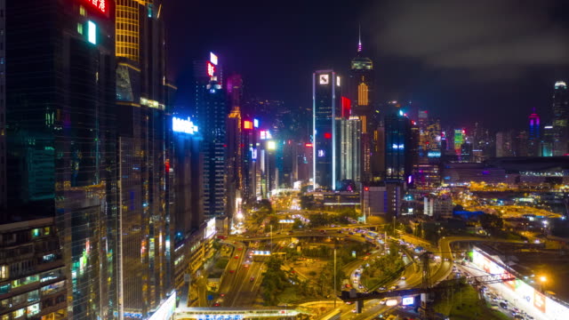 Nacht-Beleuchtung-Bucht-Straße-Verkehrsknotenpunkt-Antenne-Timelapse-4k-Hongkong