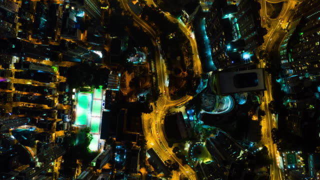 Nacht-Beleuchtung-Innenstadt-Stadtbild-Antenne-Timelapse-Draufsicht-4-k-Hongkong
