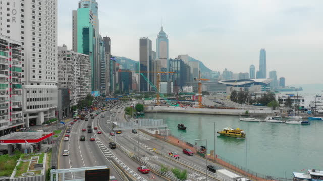 Tag-Zeit-Stadtbild-Stadtverkehrs-Bucht-Victoria-Harbour-Antenne-Panorama-4k-Hongkong