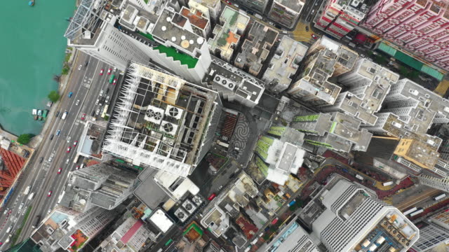 Tag-Zeit-Bucht-Stadtverkehrs-Stadtstraßen-Antenne-Topdown-Panorama-4k-Hongkong