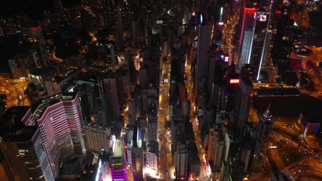 night-time-illuminated-hong-kong-cityscape-downtown-traffic-street-topdown-aerial-panorama-4k