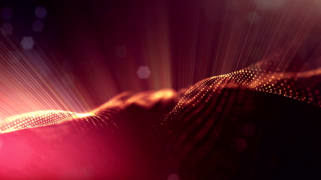 3d-loop-animation-as-science-fiction-background-of-glowing-particles-with-depth-of-field-and-bokeh-for-vj-loop.-Particles-form-line-and-surface-grid.-V25-red-gold-with-light-rays