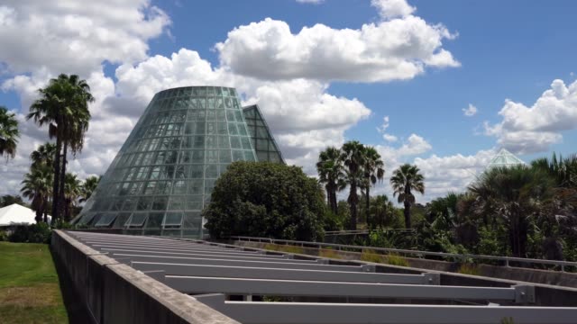 Panning-Video-of-Cone-Shape-Glass-Greenhouse-Surrounded-By-Palm-Trees-and-Blue-Sky
