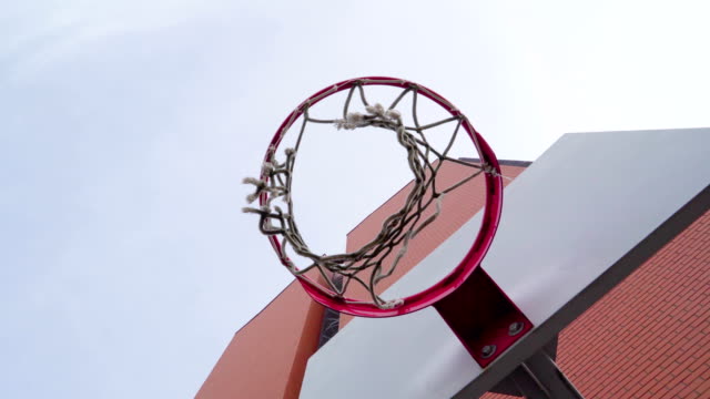 Die-Sicht-unter-dem-Basketballkorb-auf-dem-Platz
