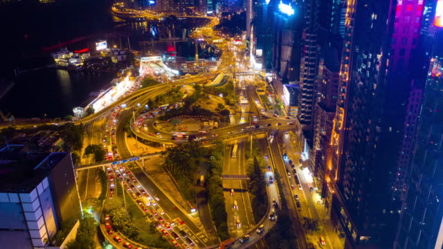 Nacht-Beleuchtung-Straße-Verkehrsknotenpunkt-Antenne-Timelapse-4k-Hongkong