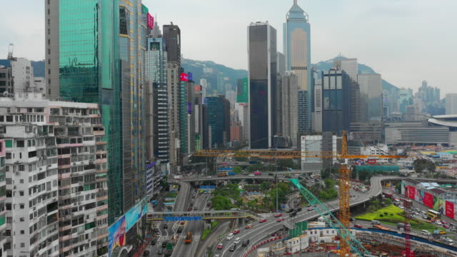 Tag-Zeit-Stadt-Stadtverkehrs-Bucht-Straßenbau-aerial-Panorama-4k-Hongkong
