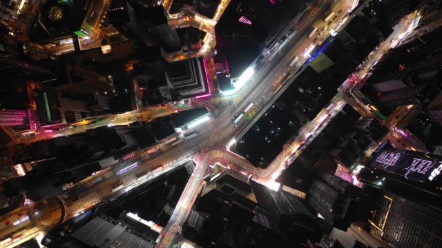 night-time-illuminated-hong-kong-cityscape-downtown-traffic-street-topdown-aerial-panorama-4k