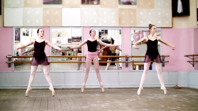 in-dancing-hall,-Young-ballerinas-in-black-leotards-perform-pas-echappe,-standing-on-toes-in-pointe-shoes-near-barre-at-mirror-in-ballet-class