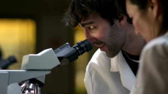 Los-estudiantes-universitarios-en-un-laboratorio-de-mirar-a-través-de-un-microscopio-durante-sus-experimentos