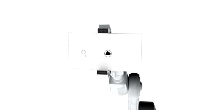 Digitally-generated-video-of-white-robotic-arm-holding-card-with-networking-icon