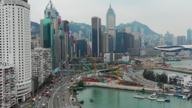 Tag-Zeit-Stadt-Stadtverkehrs-Bucht-Straßenbau-aerial-Panorama-4k-Hongkong