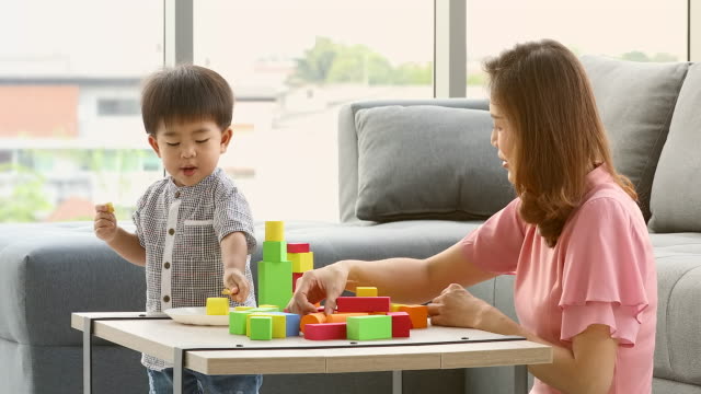 Madre-e-hijo-jugando-bloques-de-madera-de-juguete-juntos.