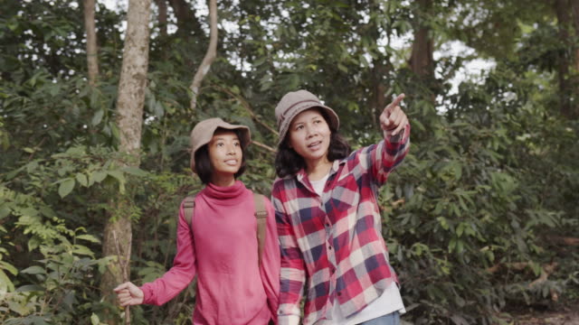 Medium-long-shot.-Asian-families-with-mother-and-daughter-holding-hand-while-walk-and-looking-in-the-morning-nature--in-forest-color-green.-The-concept-of-family-lifestyle-on-holiday