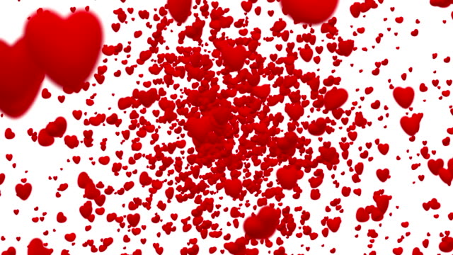 Fliegen-im-Strudel-auf-weißem-Hintergrund-mit-roten-Herzen-Animation-ausblenden,-nahtlose-Schleife.