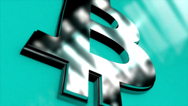 Bitcoin-Crypto-Currency-Block-Chains-Concept-3D-Animation.-Abstract-seamless-loop-animation-of-bitcoin-currency-sign,-turquoise-color-background