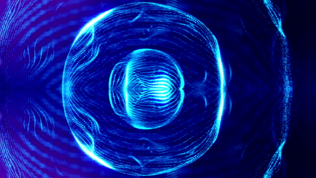 bucle-de-animación-en-3D-como-fondo-de-ciencia-ficción-de-partículas-que-brillan-intensamente-con-la-profundidad-de-campo-y-bokeh-para-bucle-de-vj.-Partículas-de-forman-línea-y-rejilla-de-superficie.-Esferas-de-V3-azul