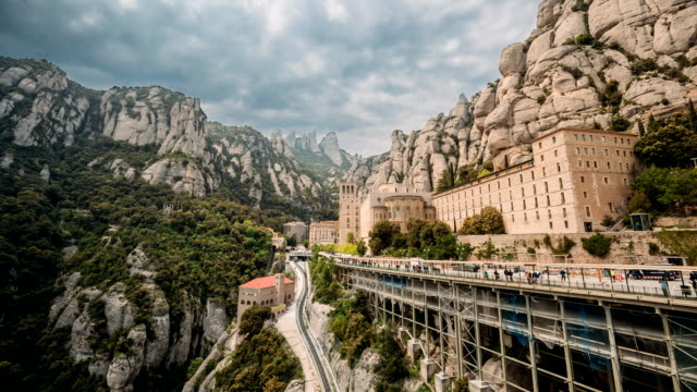 Catalonia,-Spain.-Santa-Maria-De-Montserrat.-Benedictine-Abbey-In-Mountain-Of-Montserrat,-In-Monistrol-De-Montserrat,-In-Catalonia,-Spain.-Timelapse,-Time-lapse