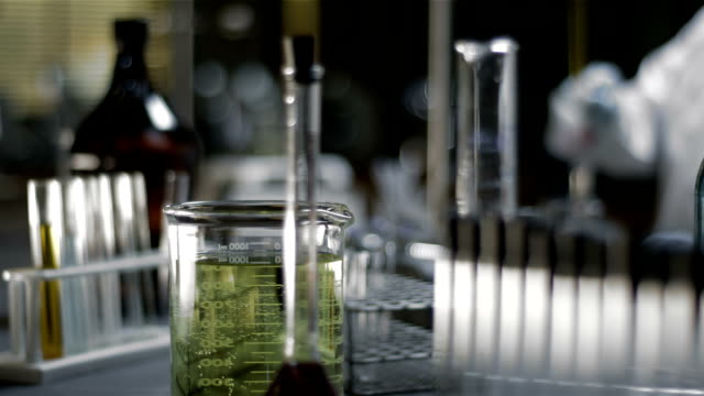 Close-up-shot-of-chemistry-equipment-set-up-on-a-laboratory-table