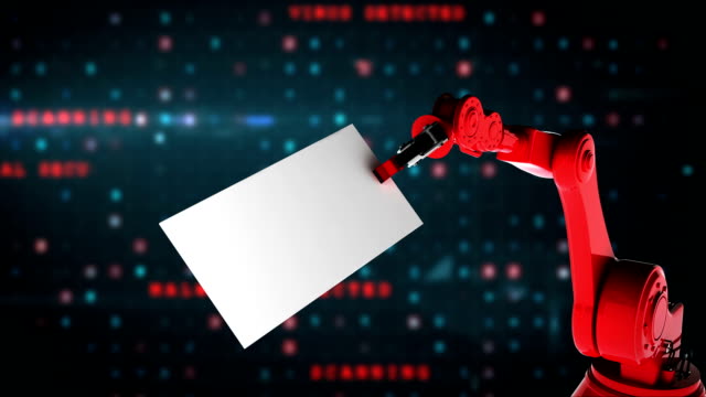 Digital-erzeugte-Video-rot-Roboterarms-Karte-mit-mathematischen-Formel-halten
