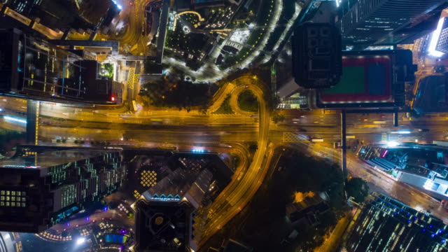 Nacht-beleuchtete-Zentrum-Verkehr-Straßen-Antenne-Timelapse-4k-Hongkong