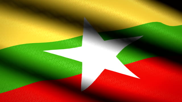 Bandera-de-Myanmar-ondeando-textil-textura-fondo.-Seamless-Loop-animación.-Pantalla-completa.-Cámara-lenta.-Vídeo-de-4-K