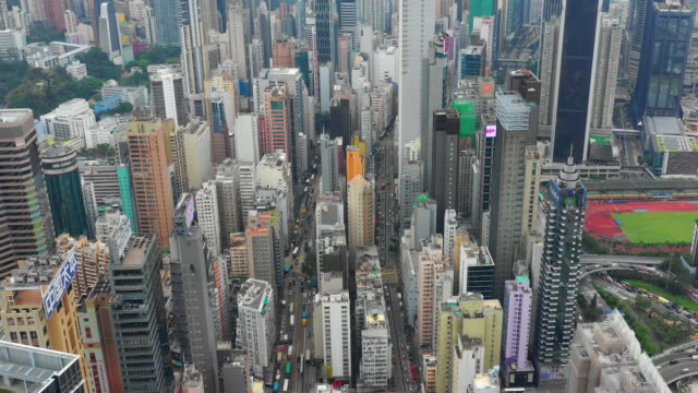 Tag-Zeit-Stadtverkehrs-Stadtstraßen-Antenne-Topdown-Panorama-4k-Hongkong