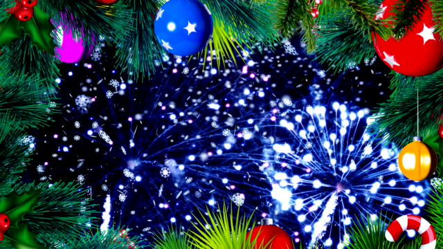 Animación-de-rotación-de-bolas-de-Navidad-colorido-con-fuegos-artificiales