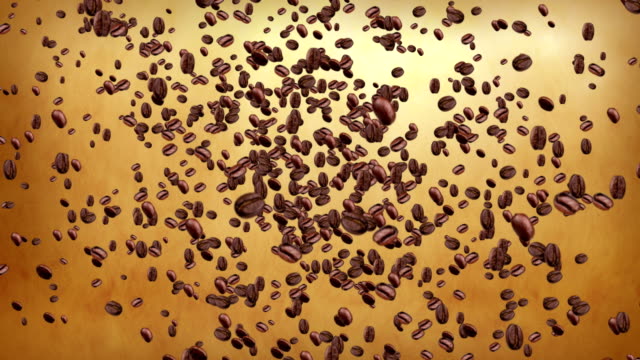 Kaffeebohnen-im-Strudel-auf-goldenem-Hintergrund-mit-ausblenden,-nahtlose-Schleife-fliegen.-Ernährungskonzept