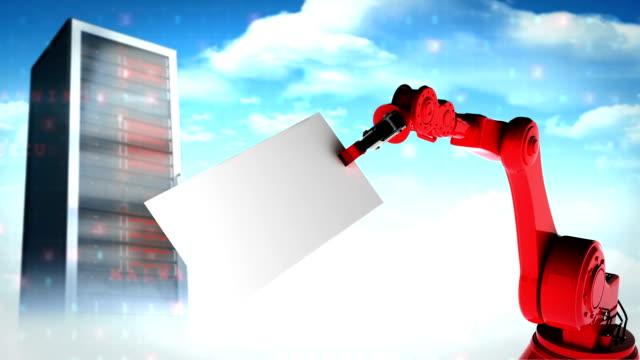 Video-digital-generado-de-rojo-brazo-robótico-que-sostiene-la-tarjeta-con-fórmula-matemática