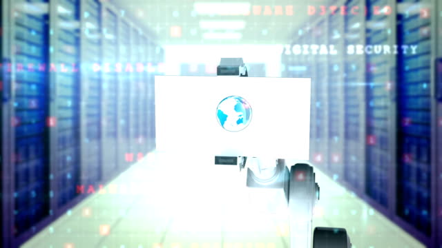 Video-digital-generado-de-blanco-brazo-robótico-que-sostiene-la-tarjeta-con-el-icono-de-red