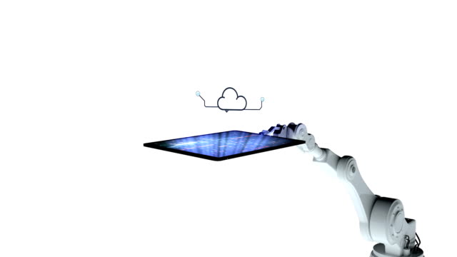 Digitally-generated-video-of-white-robotic-arm-holding-digital-tablet-with-cloud-computing-icon