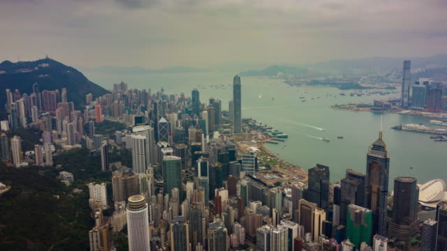 Tag-Licht-Stadtbild-Hafen-Verkehr-Antenne-Timelapse-Panorama-4k-Hongkong