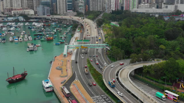 Tag-Zeit-Stadt-Stadtverkehrs-Straße-Bucht-Dock-Antenne-Panorama-4k-Hongkong